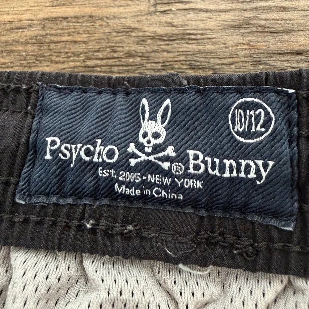 Psycho Bunny Boys Black Striped Swim Trunks Board‎ Shorts Size 10/12 Logo